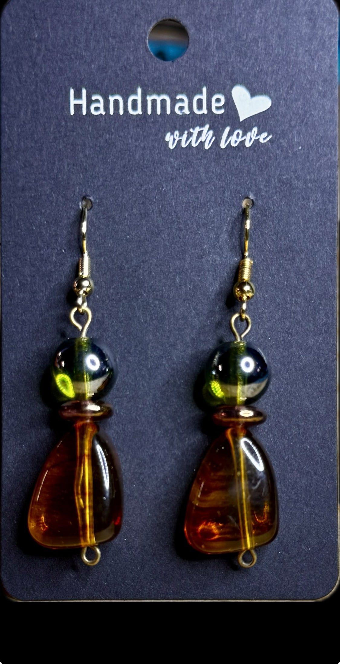 Woodsy - Amber and Green glass beads with Golden hooks