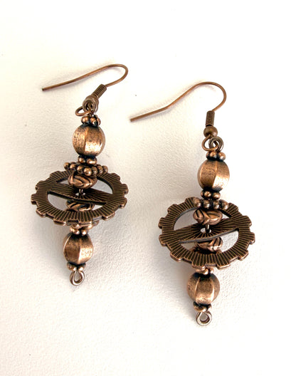 Steampunk - Coppery Gear Drop Earrings - Upcycled Industrial Style